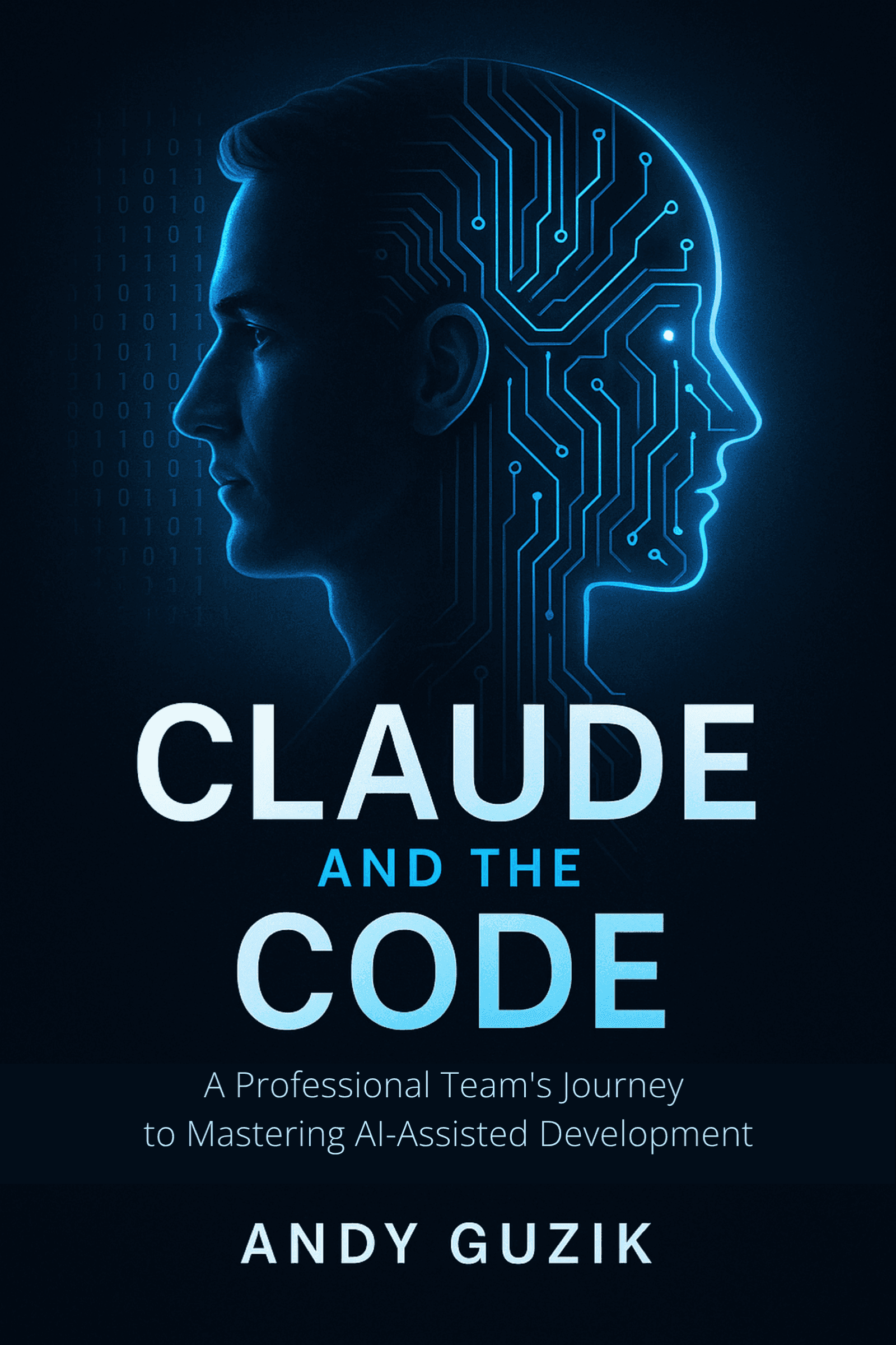 Claude and the Code book cover featuring circuit board design with electric cyan accents on dark navy background